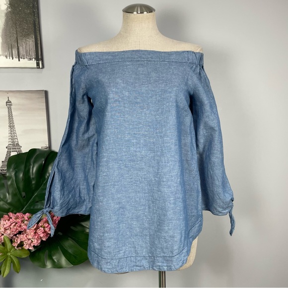 Free People linen/cotton Show Me Some Shoulder chambray blouse Sz XS - Picture 2 of 13